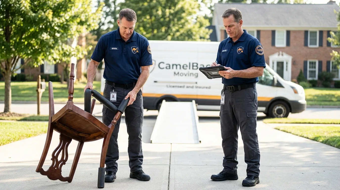 Movers inspecting furniture for damage prevention before loading in Pelham, AL