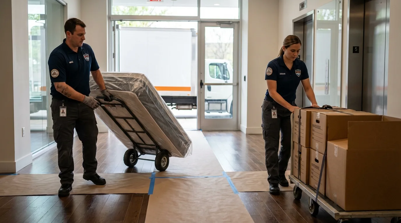 Professional apartment movers loading elevator in Pelham, AL